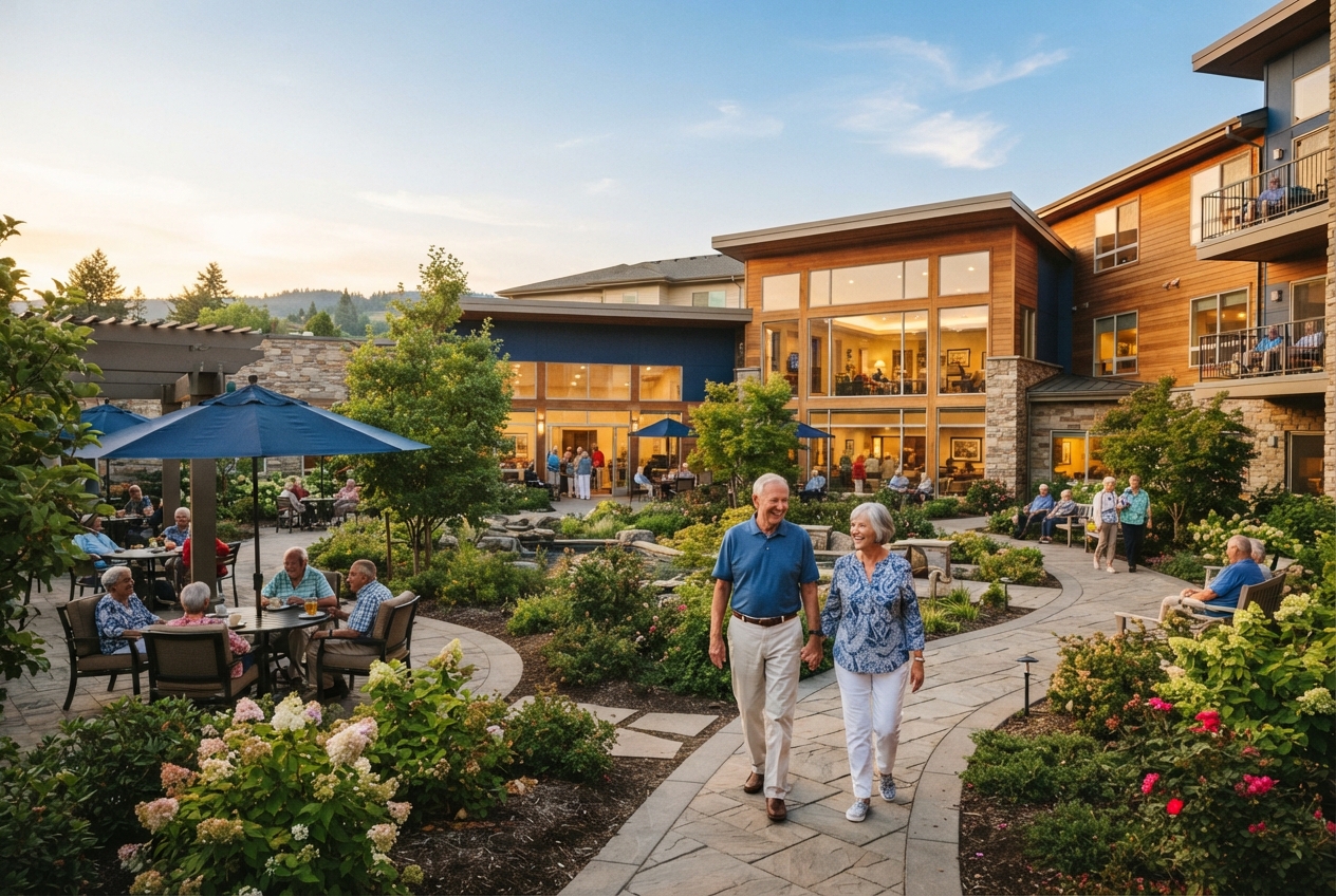 Older adults socialize in a landscaped courtyard outside a warm, modern multi-story residential complex.
